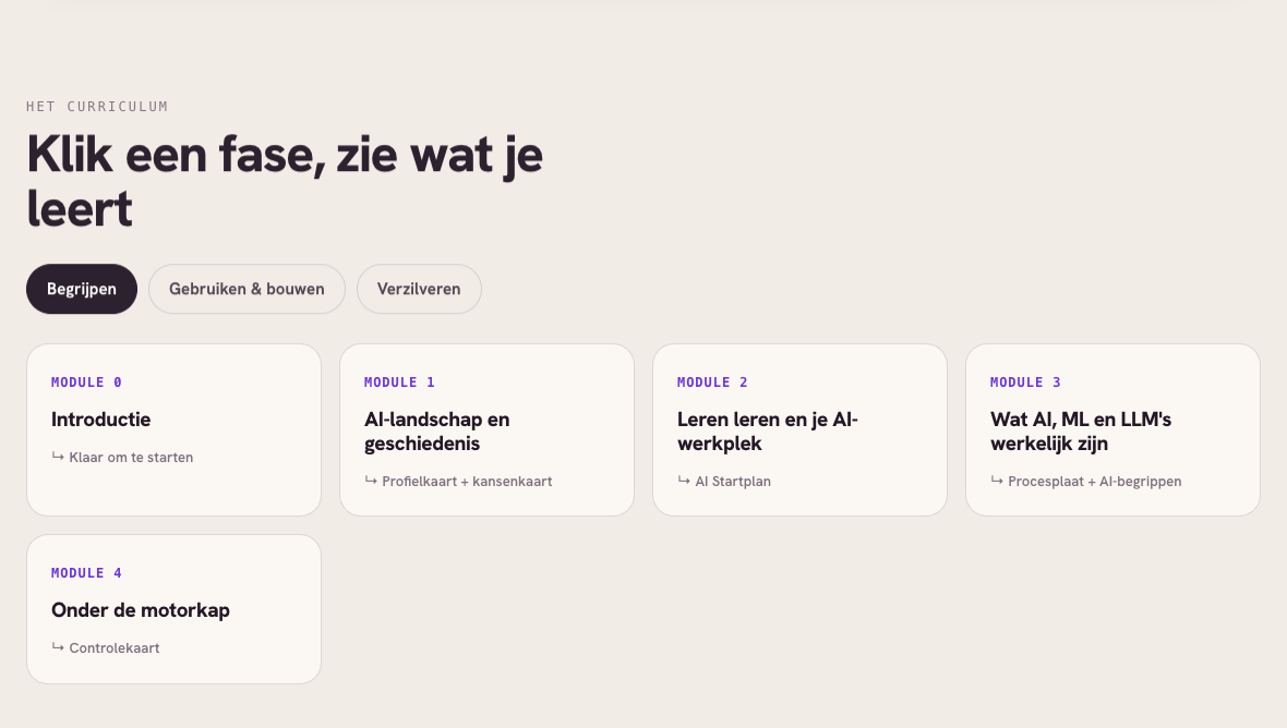 The actual De AI Academy curriculum page, showing its learning phases and modules