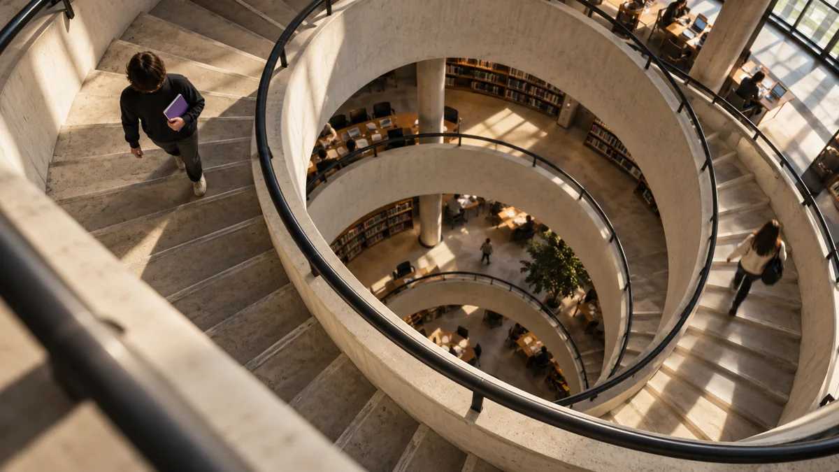 Conceptual film still looking down a circular library staircase as people pass between floors.