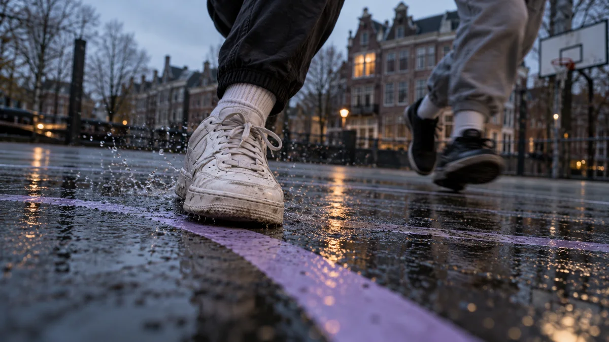 Conceptual film still of runners crossing a rain-soaked urban court.