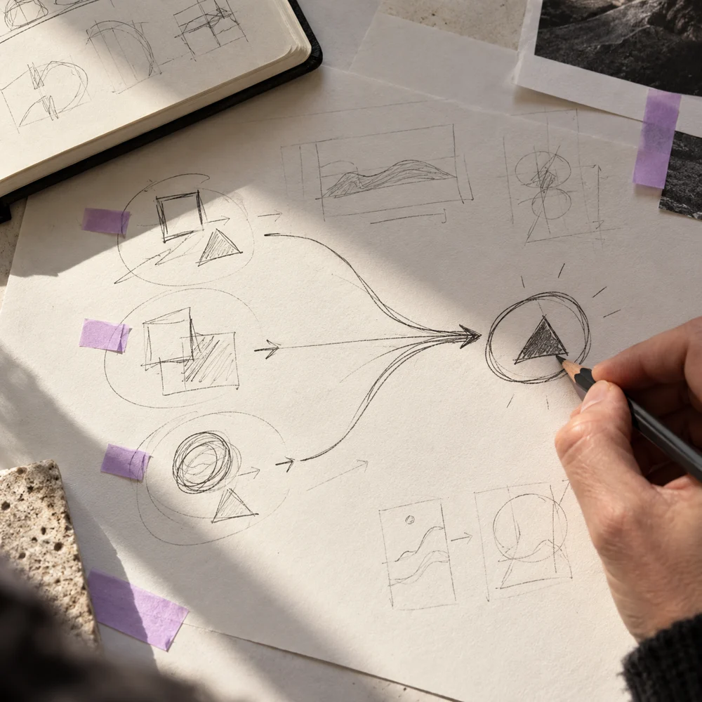 AI-created editorial image of a hand sketching possibilities and selecting a direction