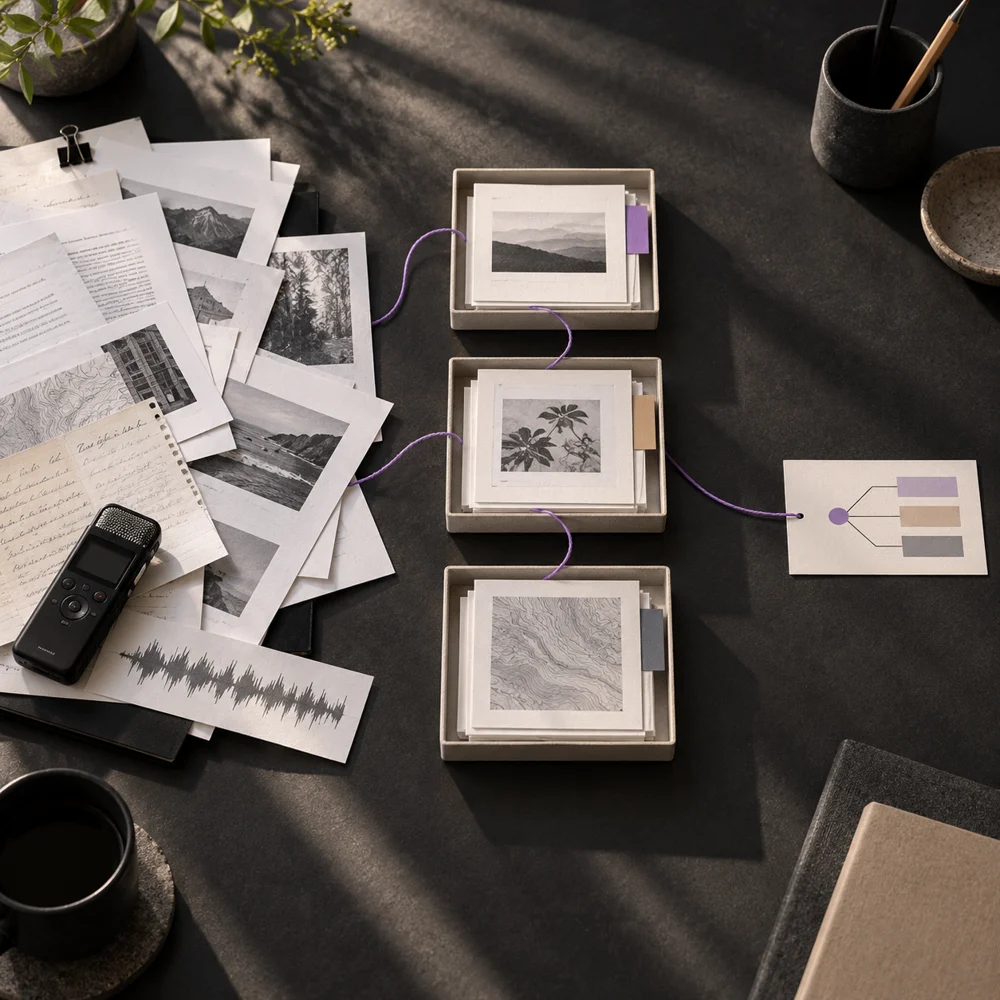 AI-created editorial image of documents and recordings organised into a connected workflow