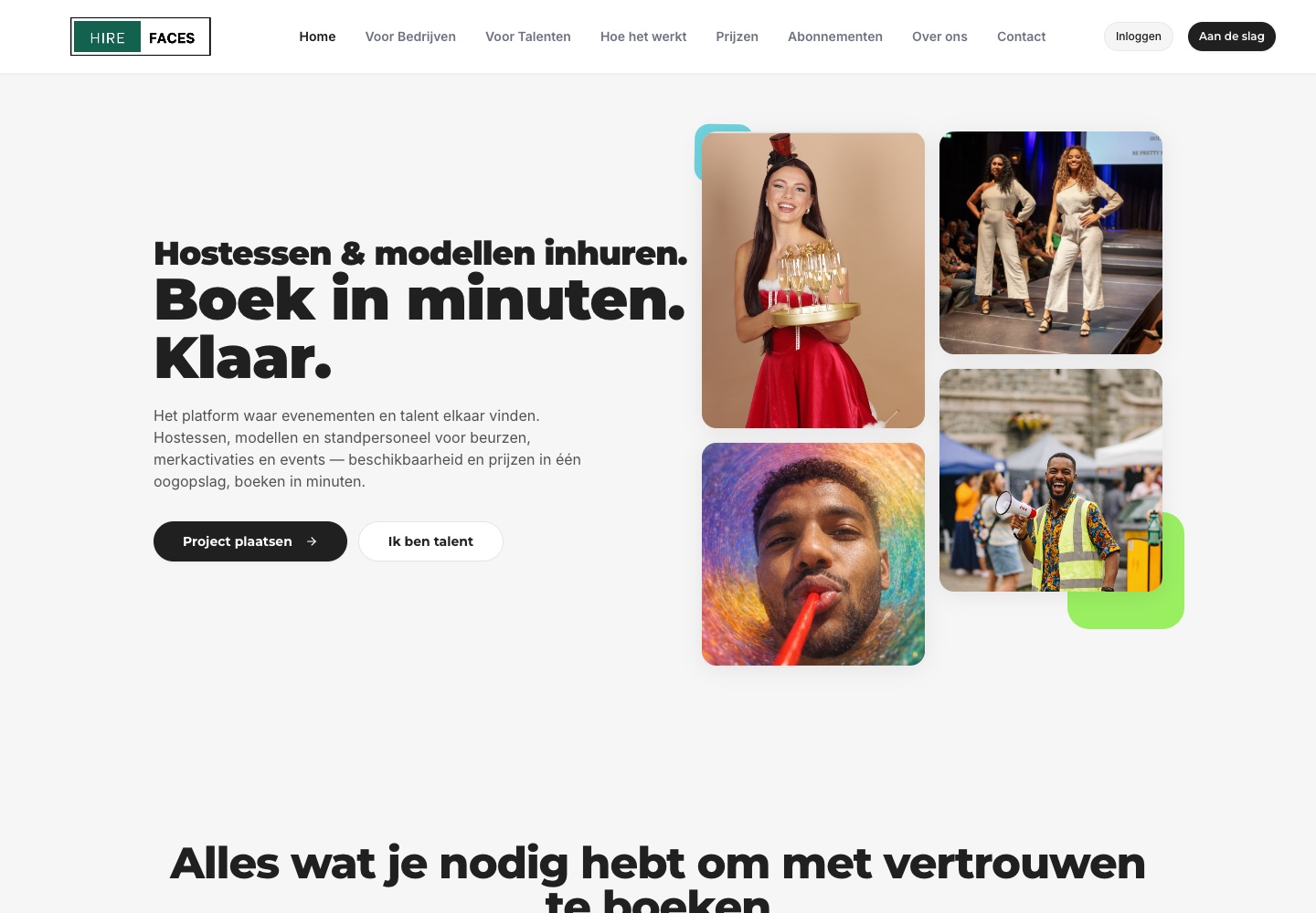 The actual HireFaces website, presenting its event talent booking platform